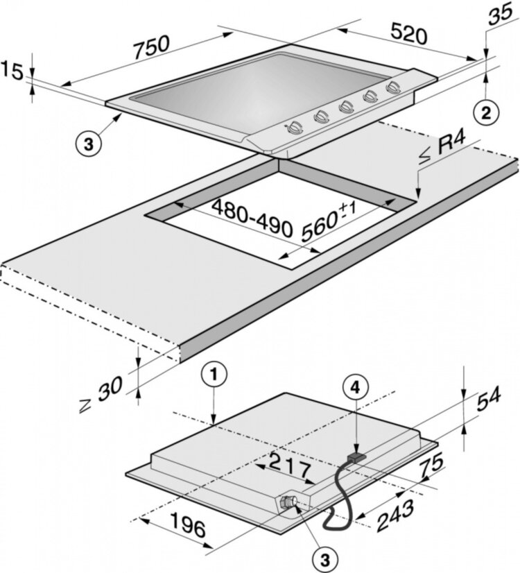 Газовая панель конфорок KM2034 сталь